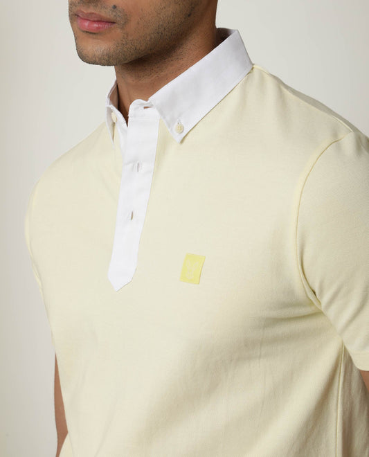 Rare Rabbit Men's Parma Yellow Cotton Fabric Collared Neck Half Sleeves Button Closure Polo T-Shirt