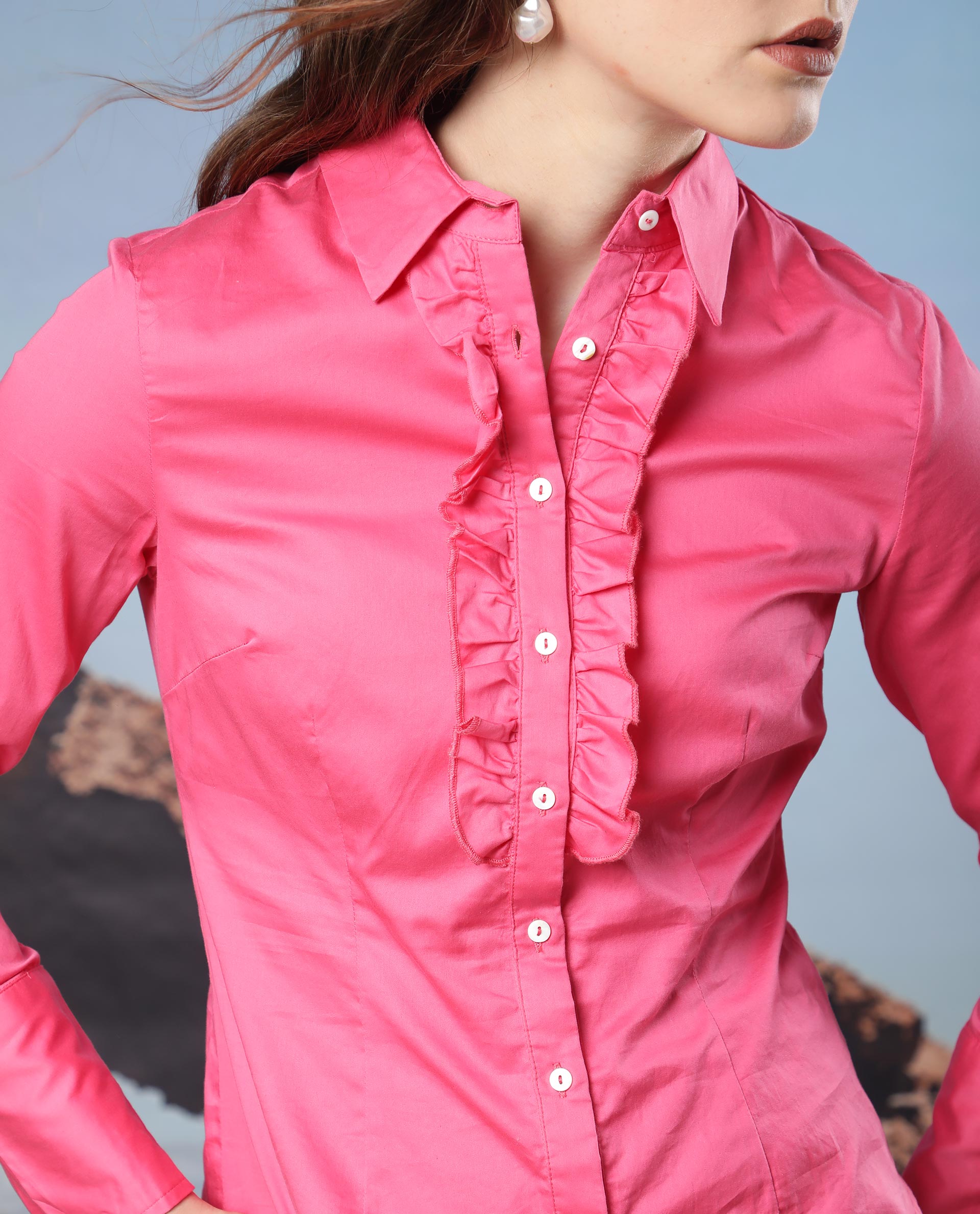 Rareism Women Aubrey Light Pink Cotton Fabric Regular Fit Shirt Collar Full Sleeves Solid Top