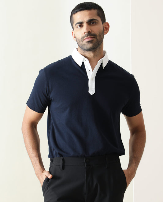 Rare Rabbit Men's Parma Navy Cotton Fabric Contrasting Collared Neck Half Sleeve Polo T-Shirt