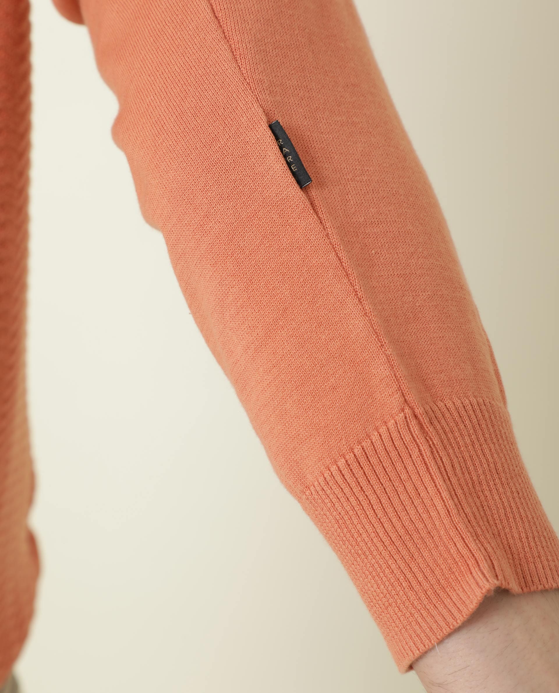 Rare Rabbit Men's Present Orange Cotton Fabric Full Sleeves Textured Polo T-Shirt