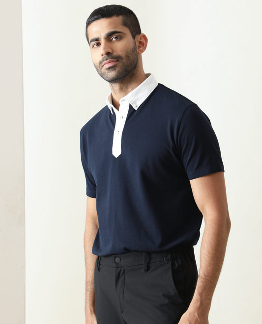 Rare Rabbit Men's Parma Navy Cotton Fabric Contrasting Collared Neck Half Sleeve Polo T-Shirt