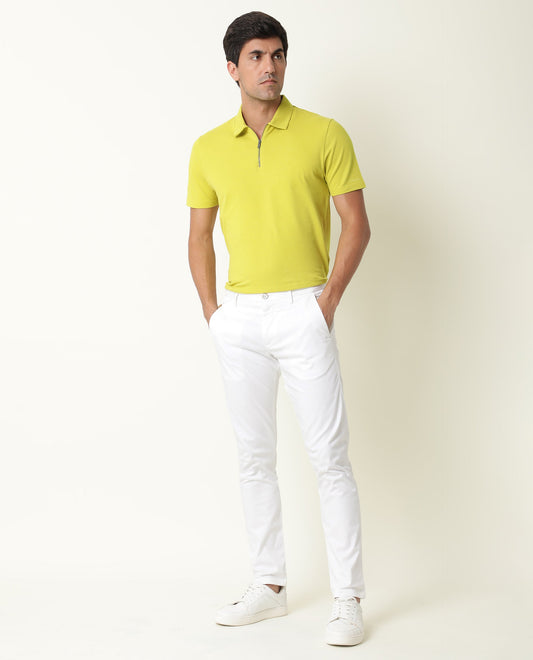 Rare Rabbit Men's Stel Fluorescent Yellow Cotton Fabric Collared Neck Zipper Closure Half Sleeves Polo T-Shirt