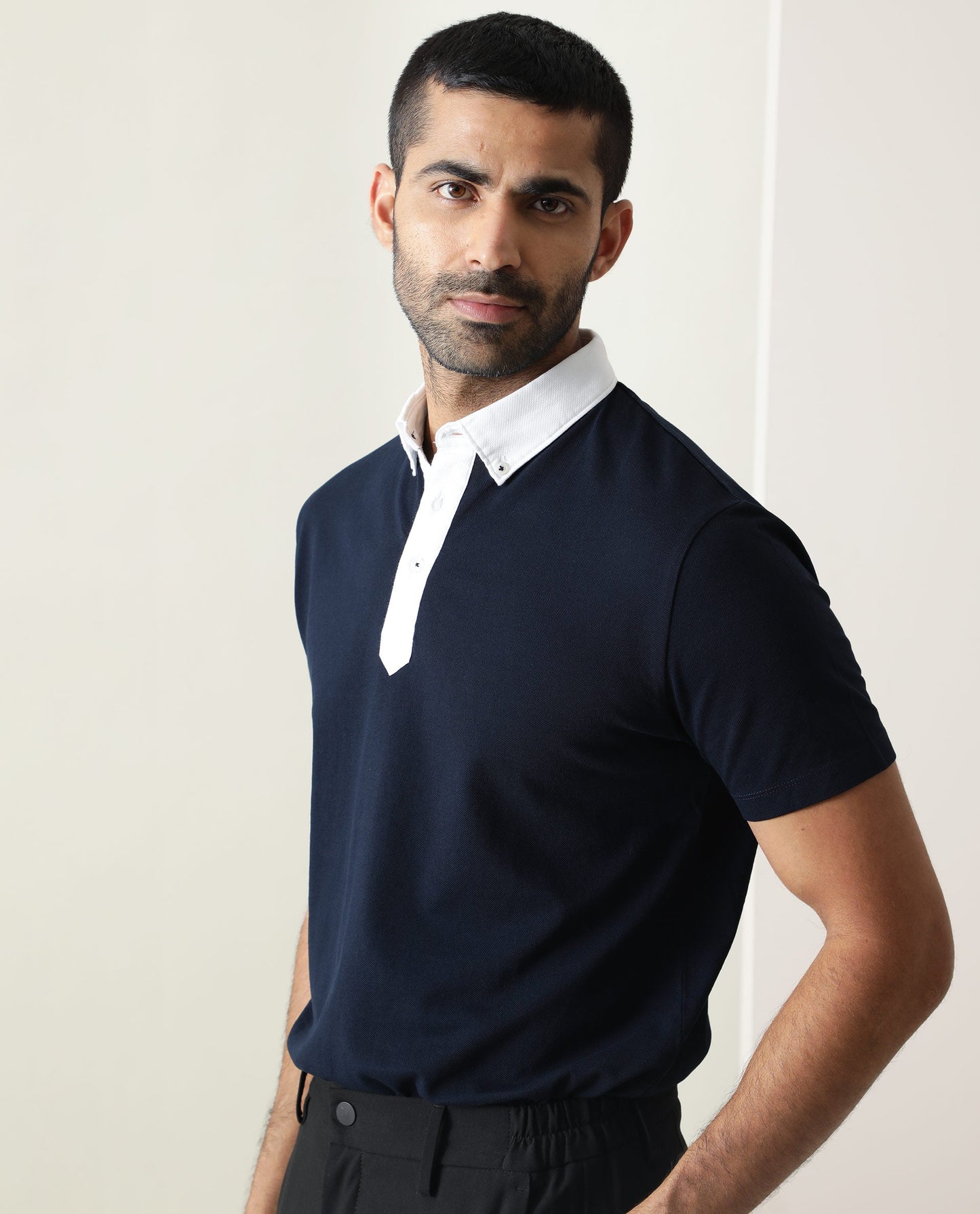 Rare Rabbit Men's Parma Navy Cotton Fabric Contrasting Collared Neck Half Sleeve Polo T-Shirt