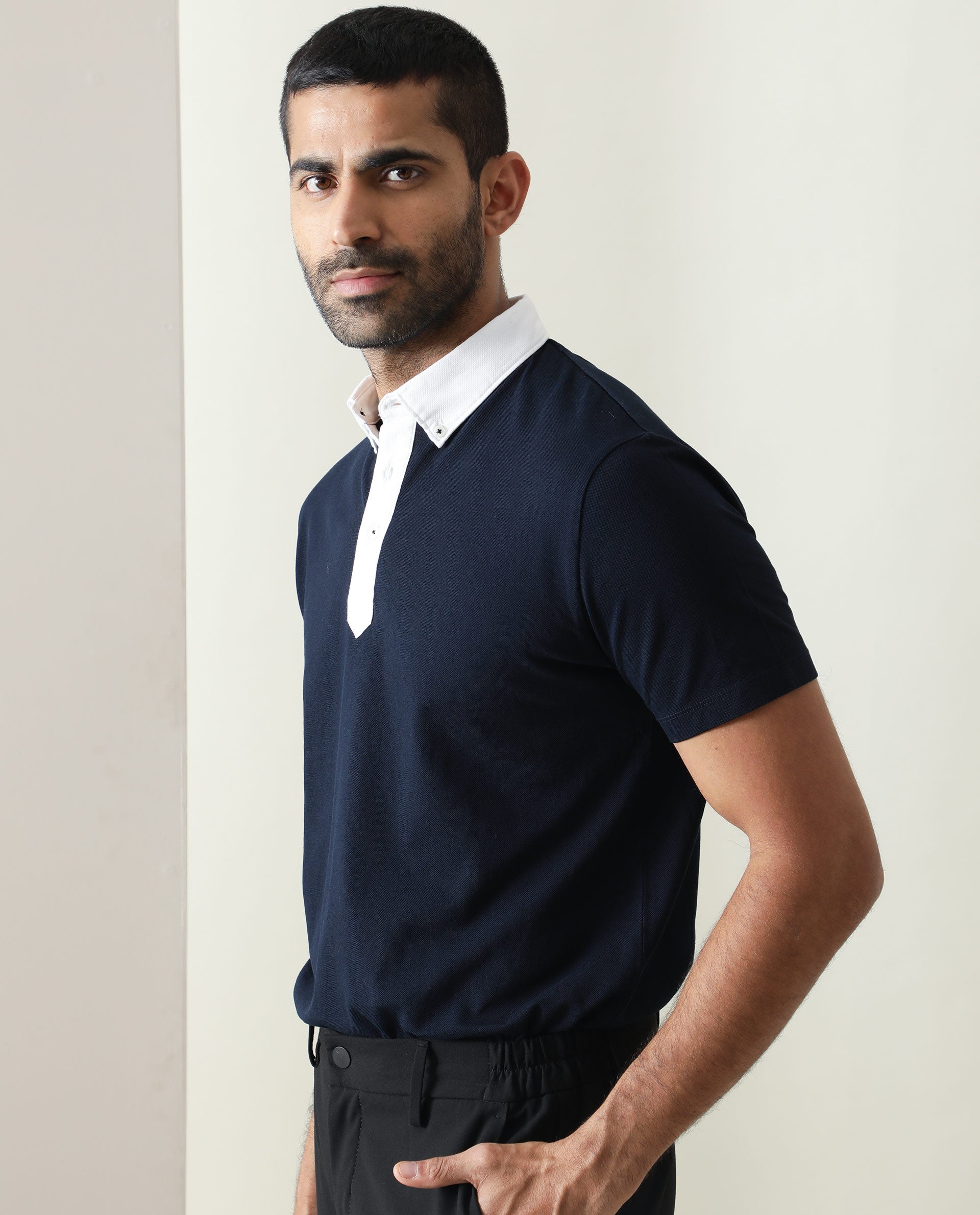 Rare Rabbit Men's Parma Navy Cotton Fabric Contrasting Collared Neck Half Sleeve Polo T-Shirt