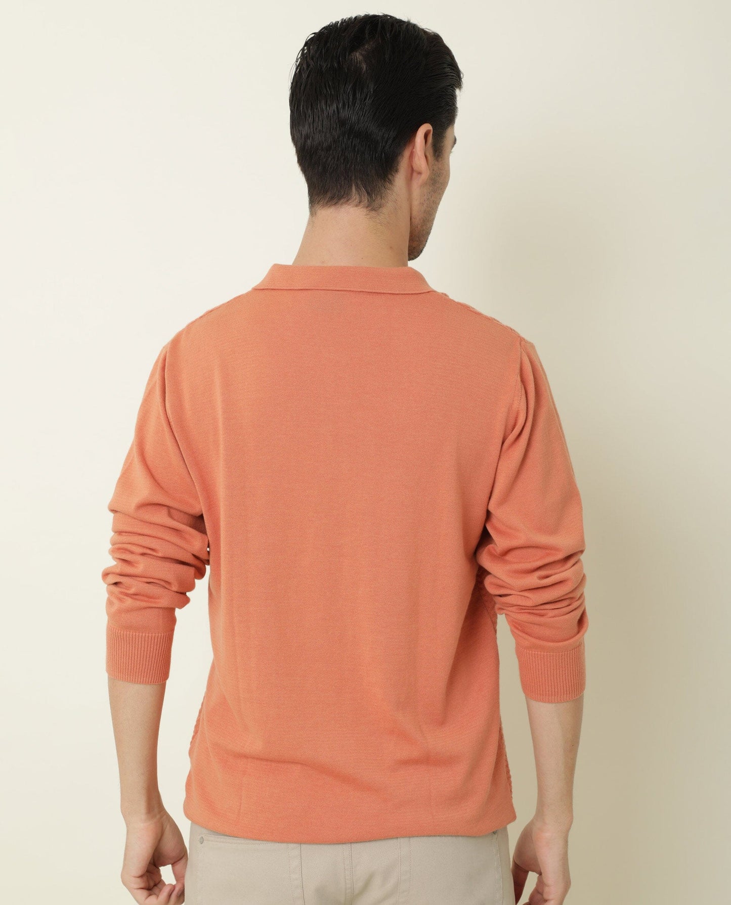 Rare Rabbit Men's Present Orange Cotton Fabric Full Sleeves Textured Polo T-Shirt