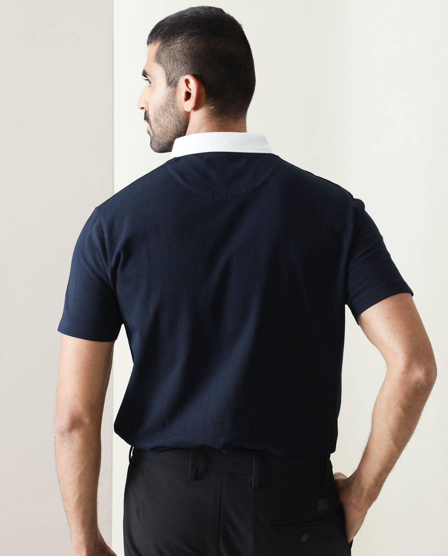 Rare Rabbit Men's Parma Navy Cotton Fabric Contrasting Collared Neck Half Sleeve Polo T-Shirt