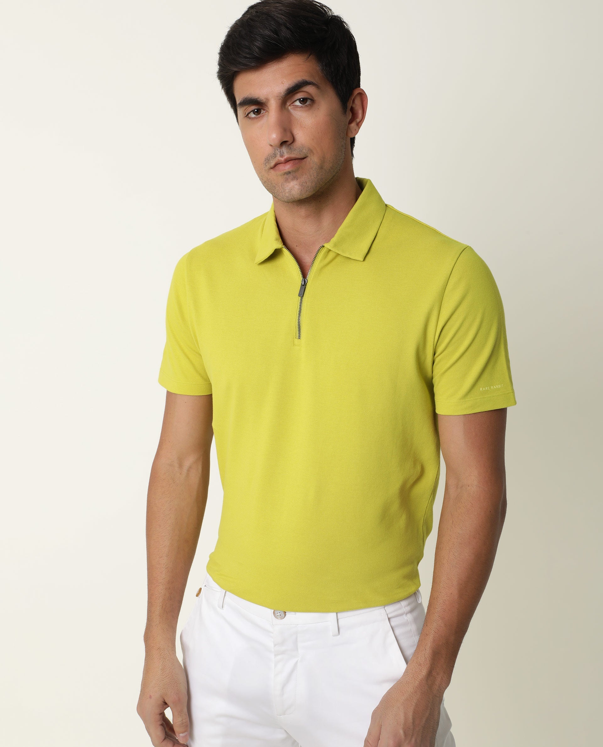 Rare Rabbit Men's Stel Fluorescent Yellow Cotton Fabric Collared Neck Zipper Closure Half Sleeves Polo T-Shirt