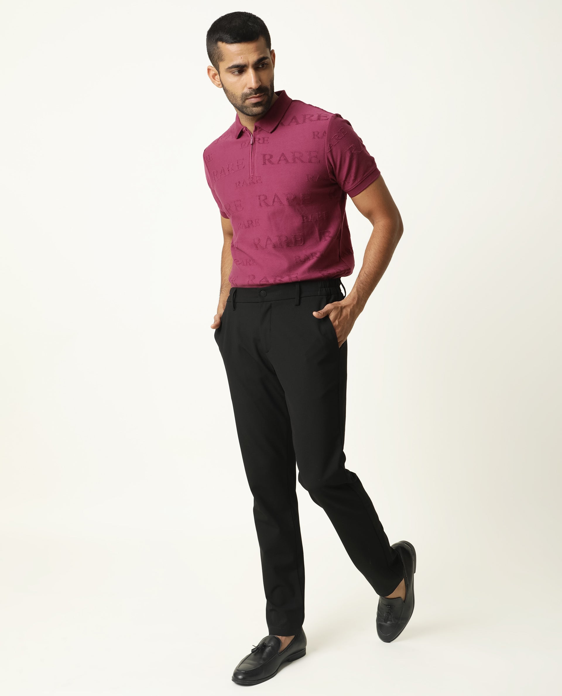 Rare Rabbit Men'S Gesset Dark Pink Polo Cotton Fabric Collared Neck Half Sleeves Zipper Closure
