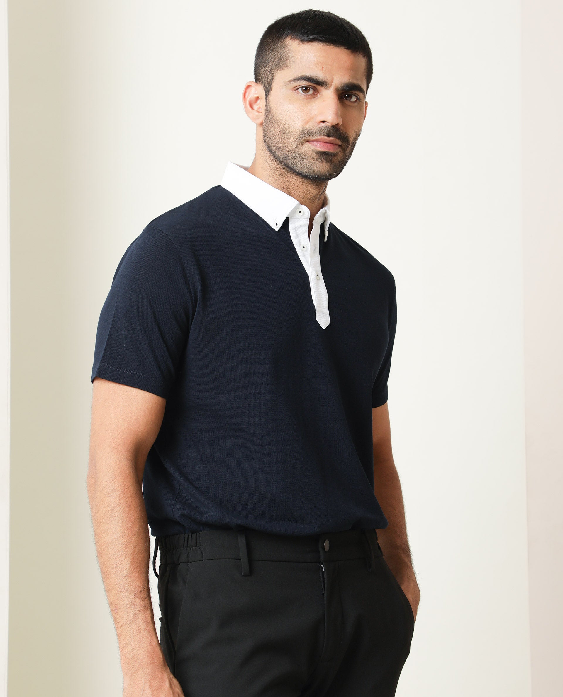 Rare Rabbit Men's Parma Navy Cotton Fabric Contrasting Collared Neck Half Sleeve Polo T-Shirt