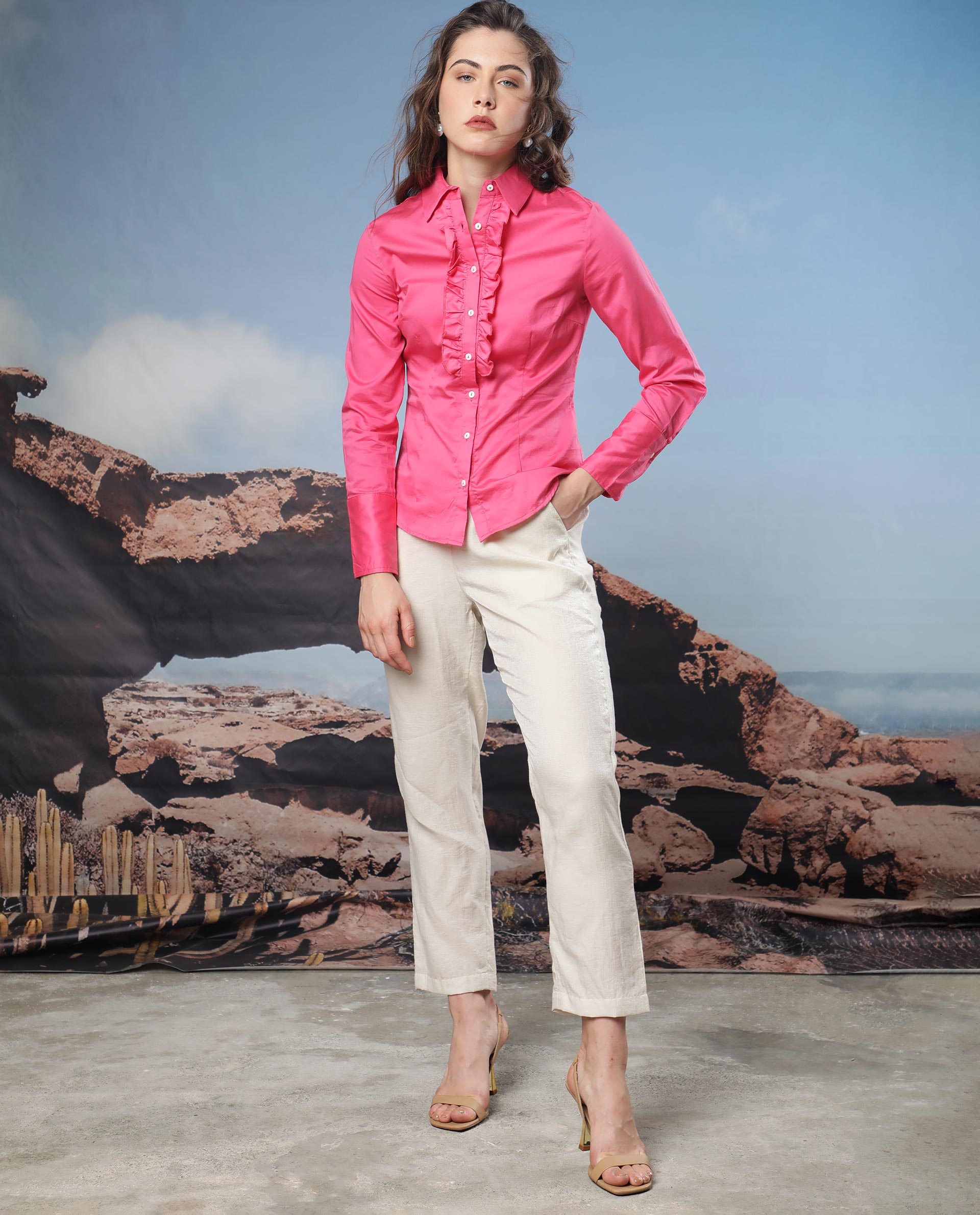 Rareism Women Aubrey Light Pink Cotton Fabric Regular Fit Shirt Collar Full Sleeves Solid Top
