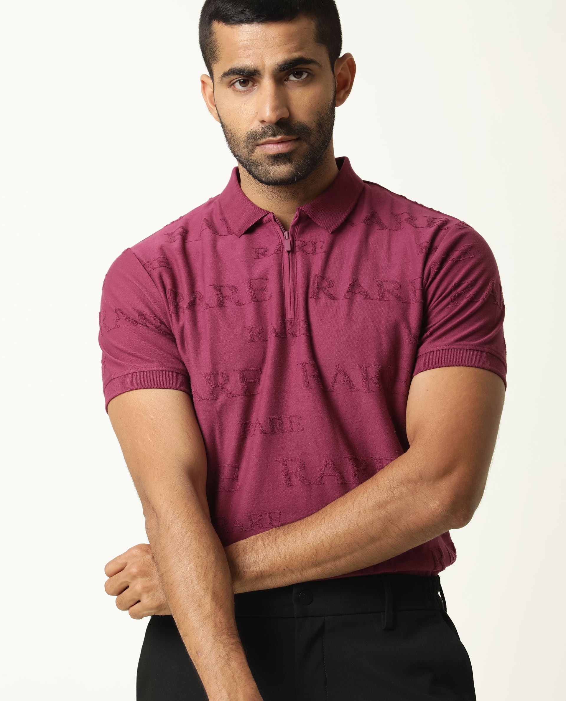 Rare Rabbit Men'S Gesset Dark Pink Polo Cotton Fabric Collared Neck Half Sleeves Zipper Closure