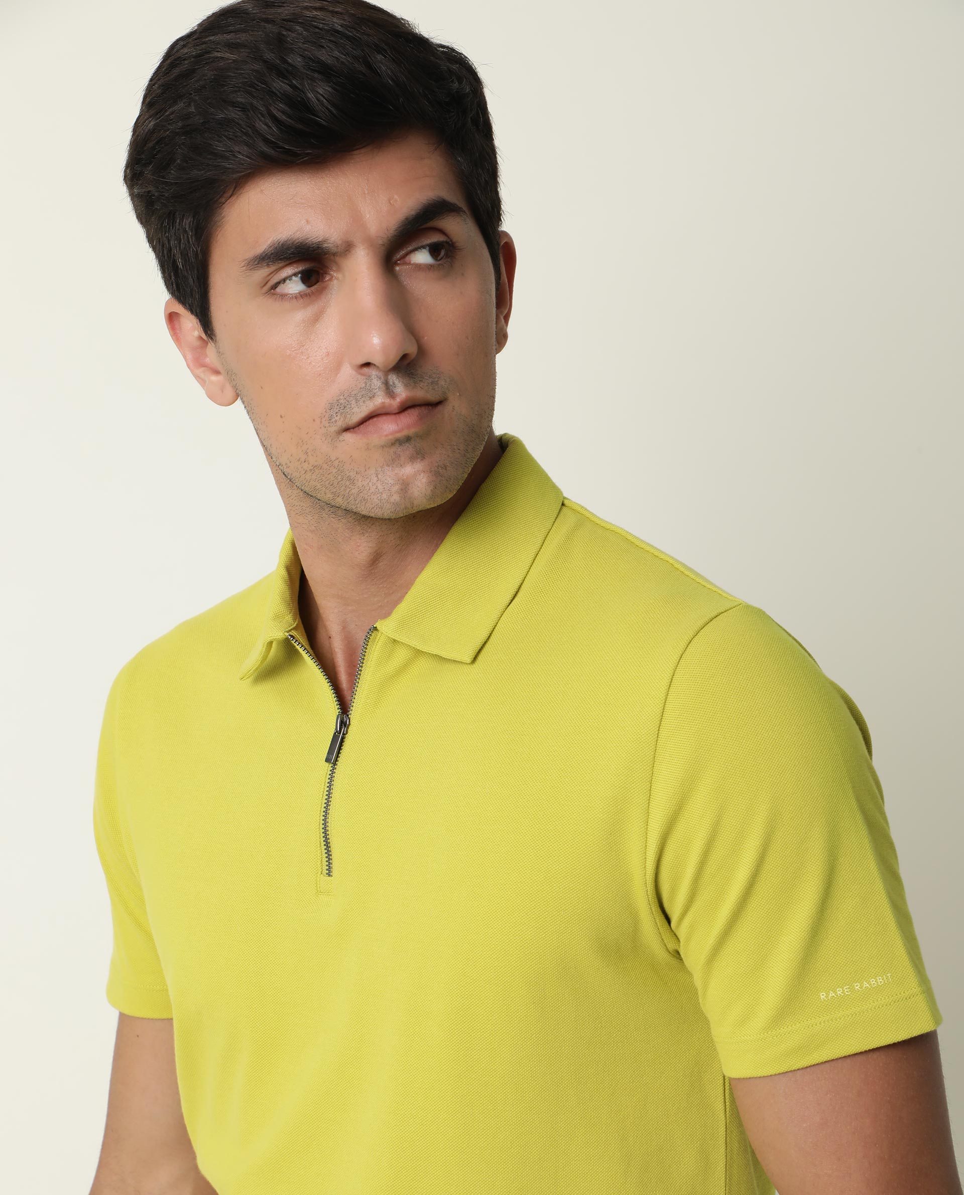 Rare Rabbit Men's Stel Fluorescent Yellow Cotton Fabric Collared Neck Zipper Closure Half Sleeves Polo T-Shirt