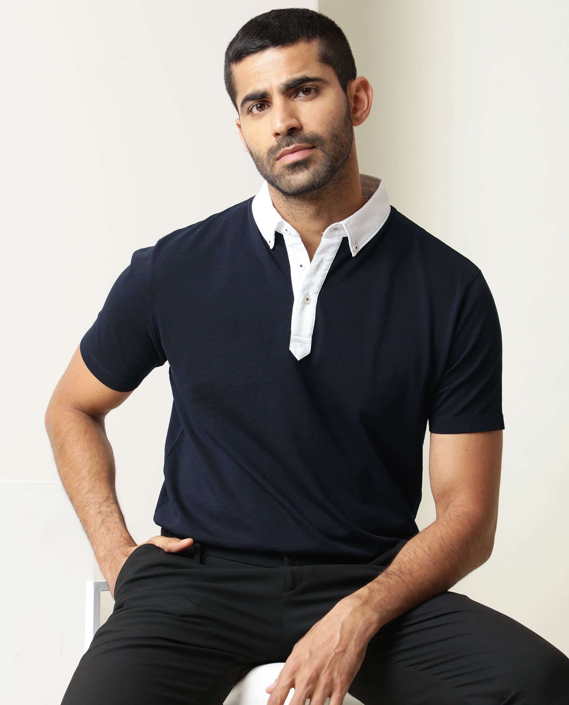 Rare Rabbit Men's Parma Navy Cotton Fabric Contrasting Collared Neck Half Sleeve Polo T-Shirt