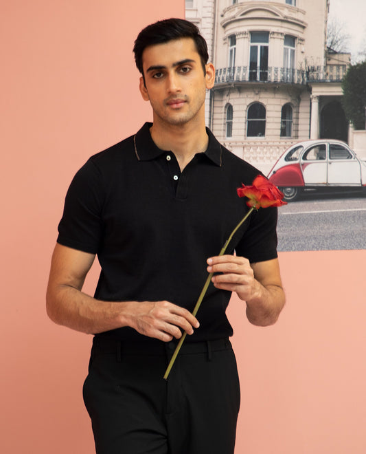 Rare Rabbit Men'S Kefa Black Polo Cotton Fabric Collared Neck Half Sleeves Button Closure Slim Fit