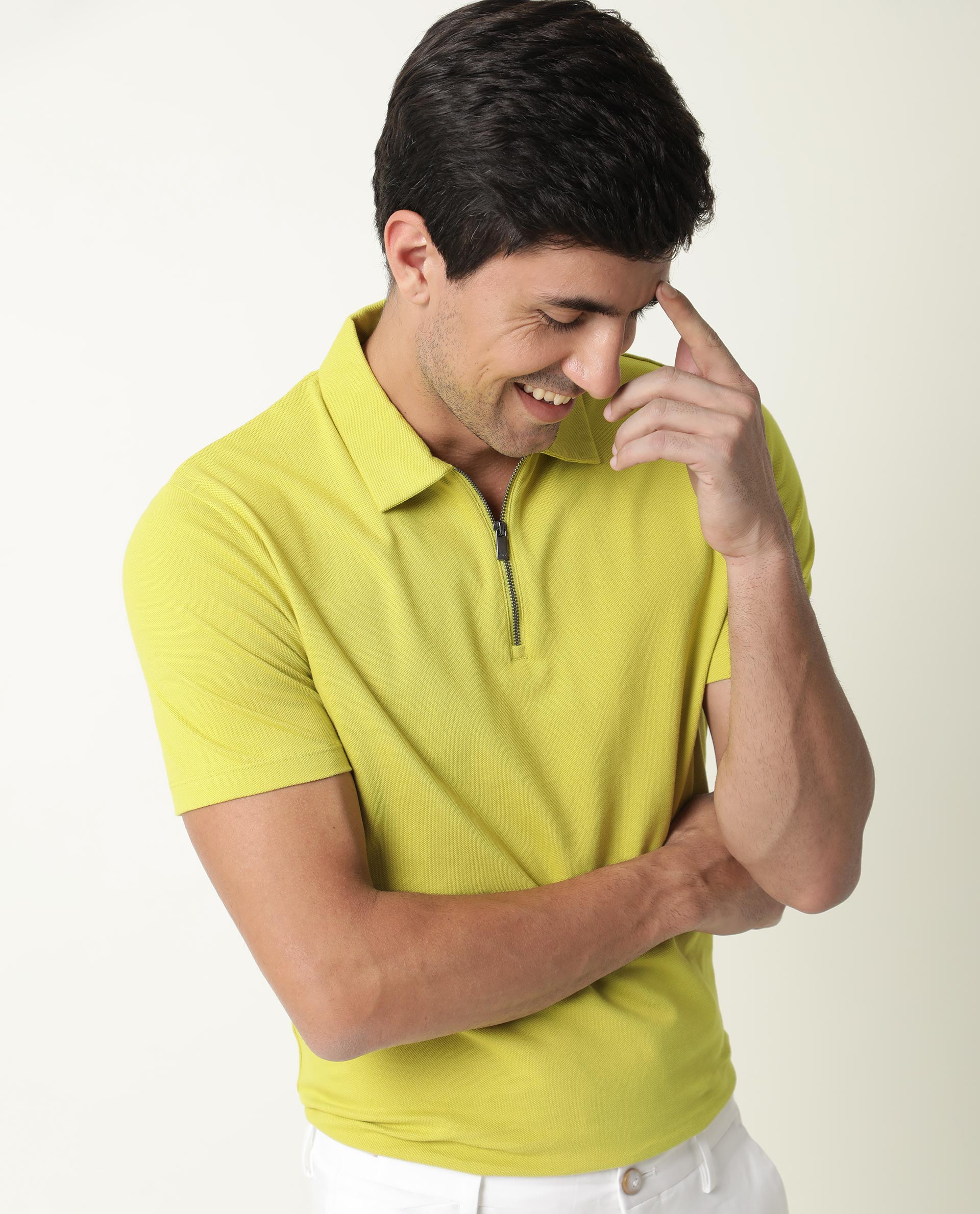 Rare Rabbit Men's Stel Fluorescent Yellow Cotton Fabric Collared Neck Zipper Closure Half Sleeves Polo T-Shirt