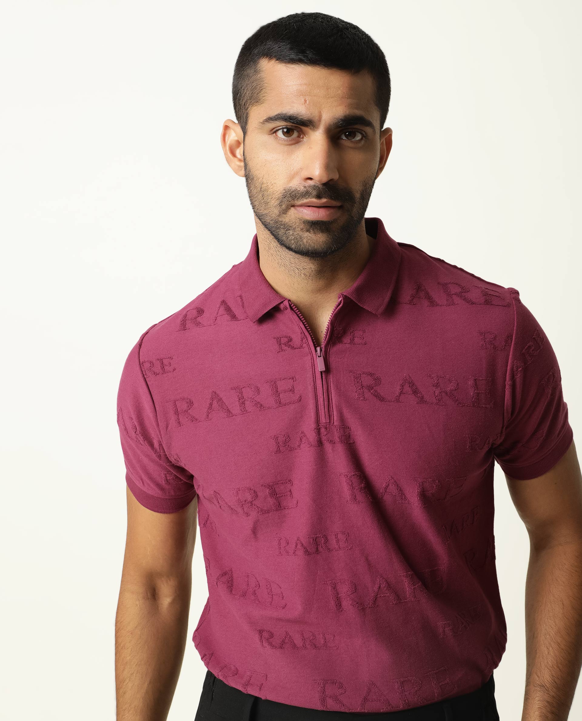 Rare Rabbit Men'S Gesset Dark Pink Polo Cotton Fabric Collared Neck Half Sleeves Zipper Closure