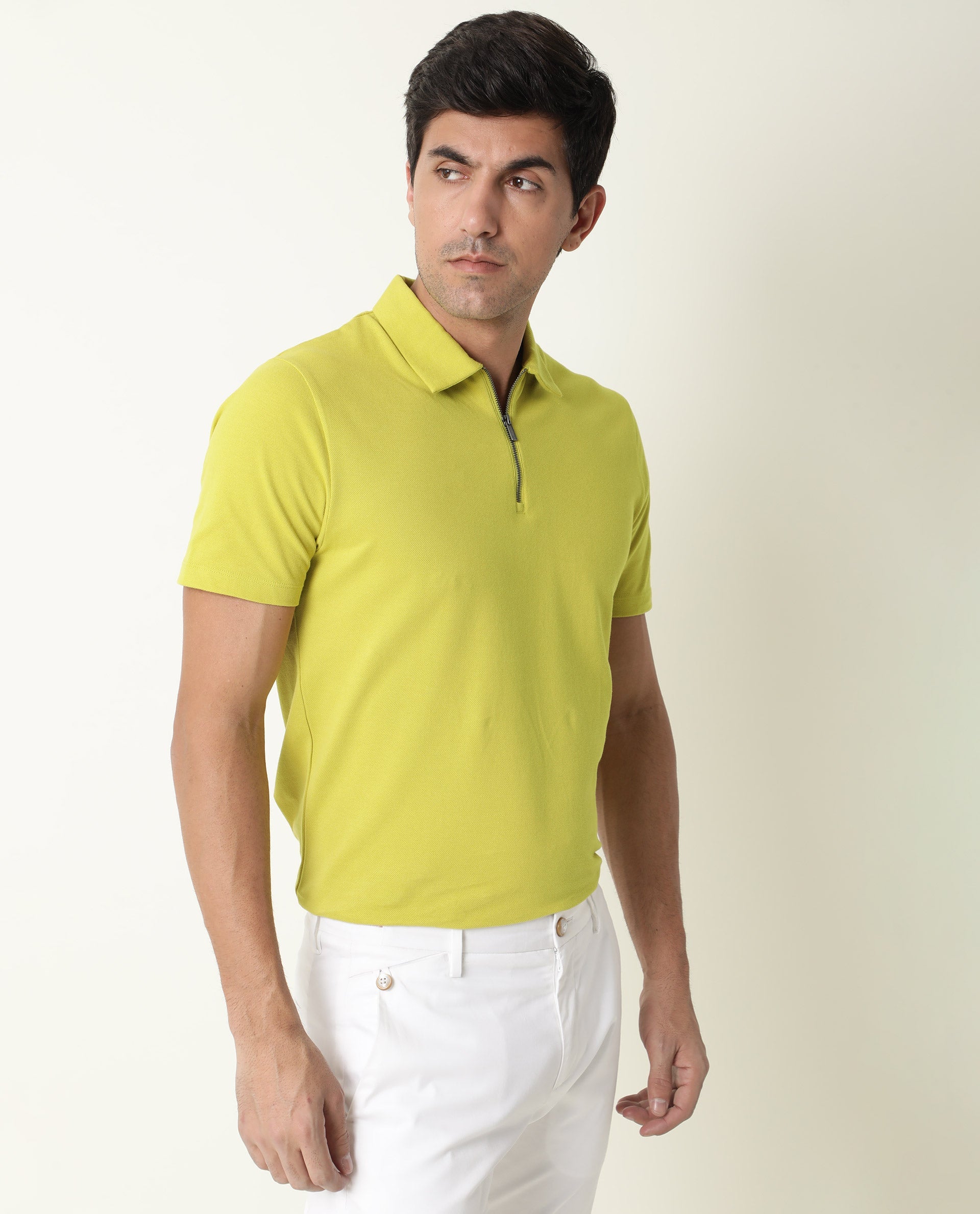 Rare Rabbit Men's Stel Fluorescent Yellow Cotton Fabric Collared Neck Zipper Closure Half Sleeves Polo T-Shirt