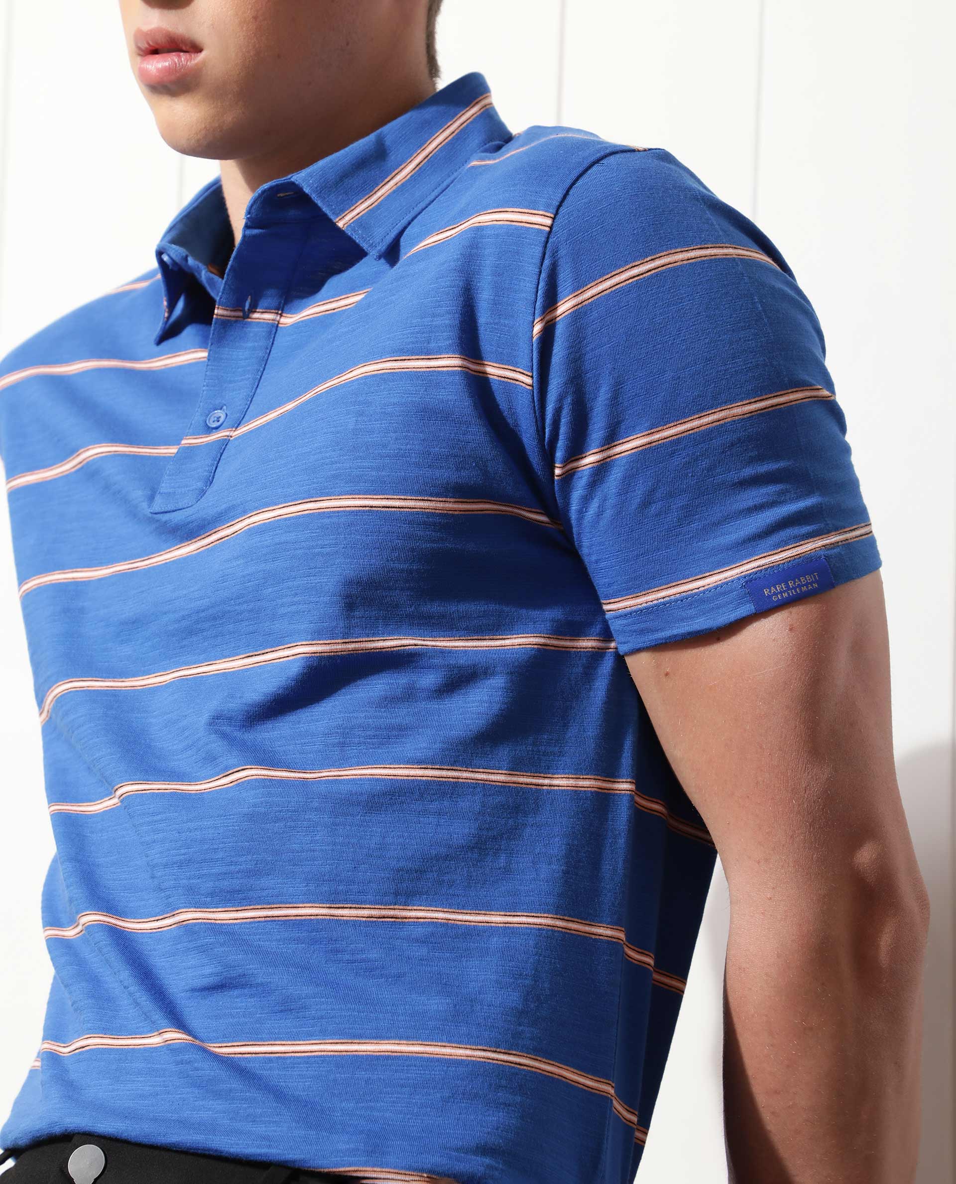 RARE RABBIT MEN'S NEONS BLUE POLO COTTON FABRIC COLLARED NECK HALF SLEEVES