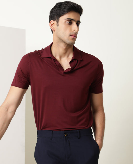 RARE RABBIT MEN'S KRIB MAROON POLO RAYON FABRIC COLLARED NECK HALF SLEEVES BUTTON CLOSURE