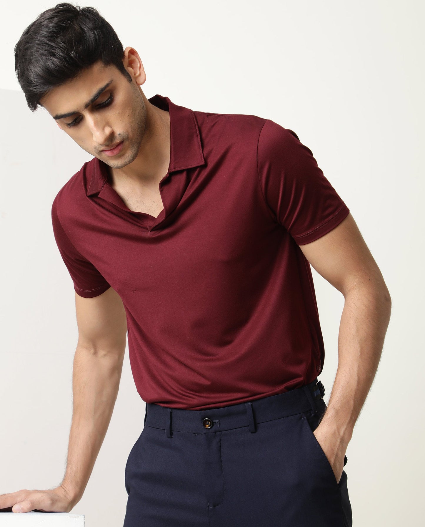 RARE RABBIT MEN'S KRIB MAROON POLO RAYON FABRIC COLLARED NECK HALF SLEEVES BUTTON CLOSURE