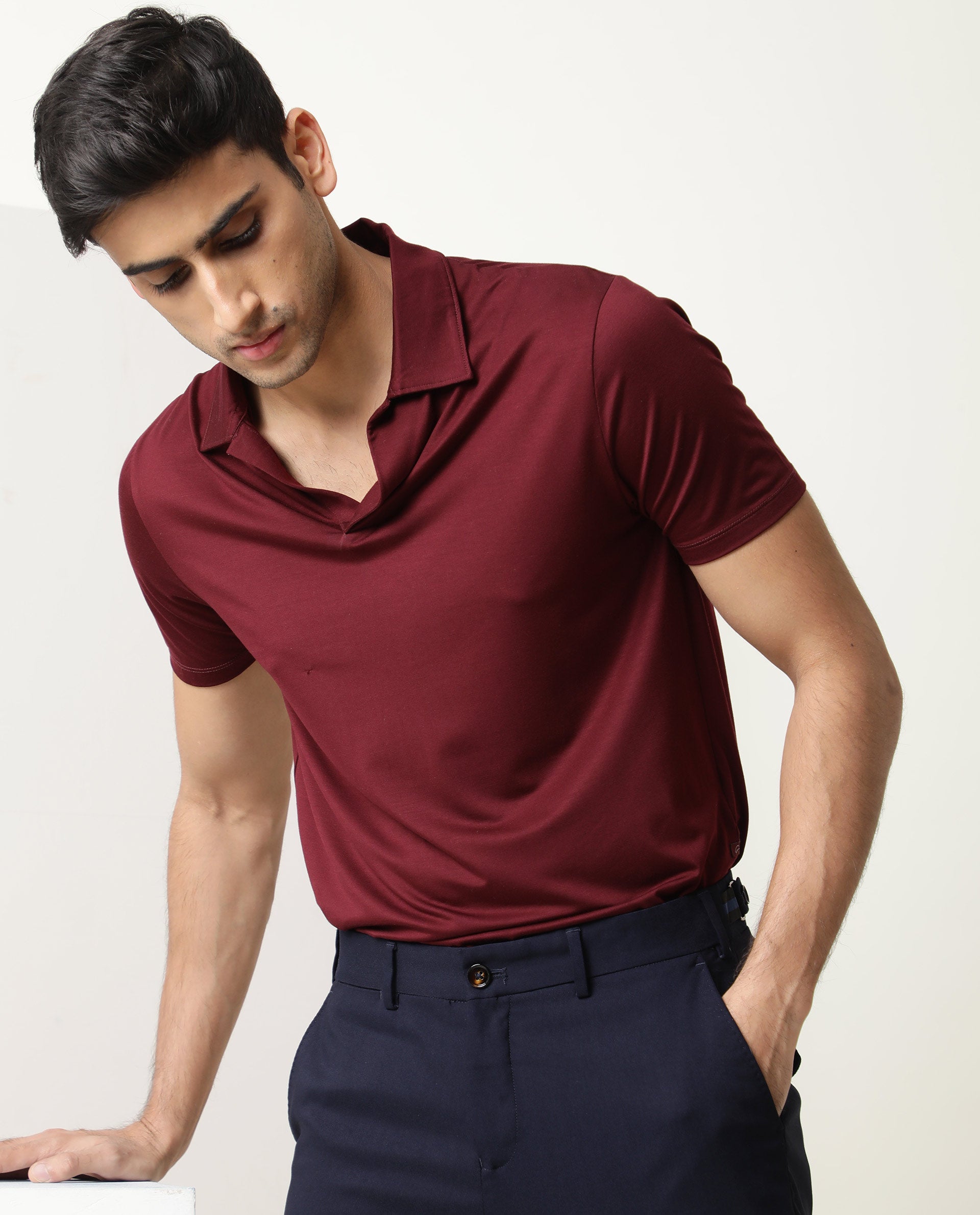 RARE RABBIT MEN'S KRIB MAROON POLO RAYON FABRIC COLLARED NECK HALF SLEEVES BUTTON CLOSURE