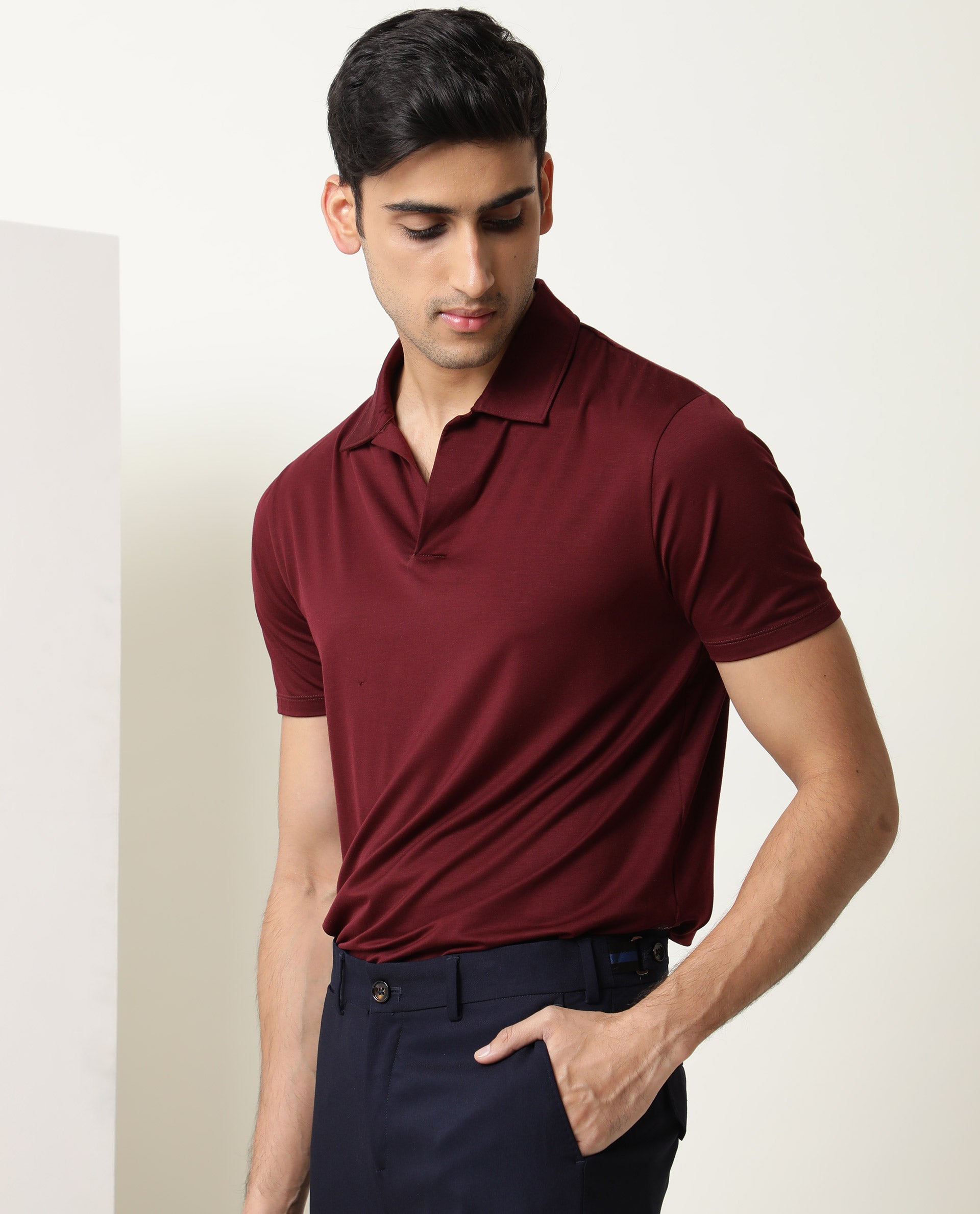 RARE RABBIT MEN'S KRIB MAROON POLO RAYON FABRIC COLLARED NECK HALF SLEEVES BUTTON CLOSURE