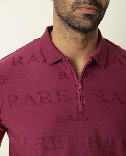 Rare Rabbit Men'S Gesset Dark Pink Polo Cotton Fabric Collared Neck Half Sleeves Zipper Closure