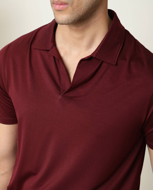 RARE RABBIT MEN'S KRIB MAROON POLO RAYON FABRIC COLLARED NECK HALF SLEEVES BUTTON CLOSURE