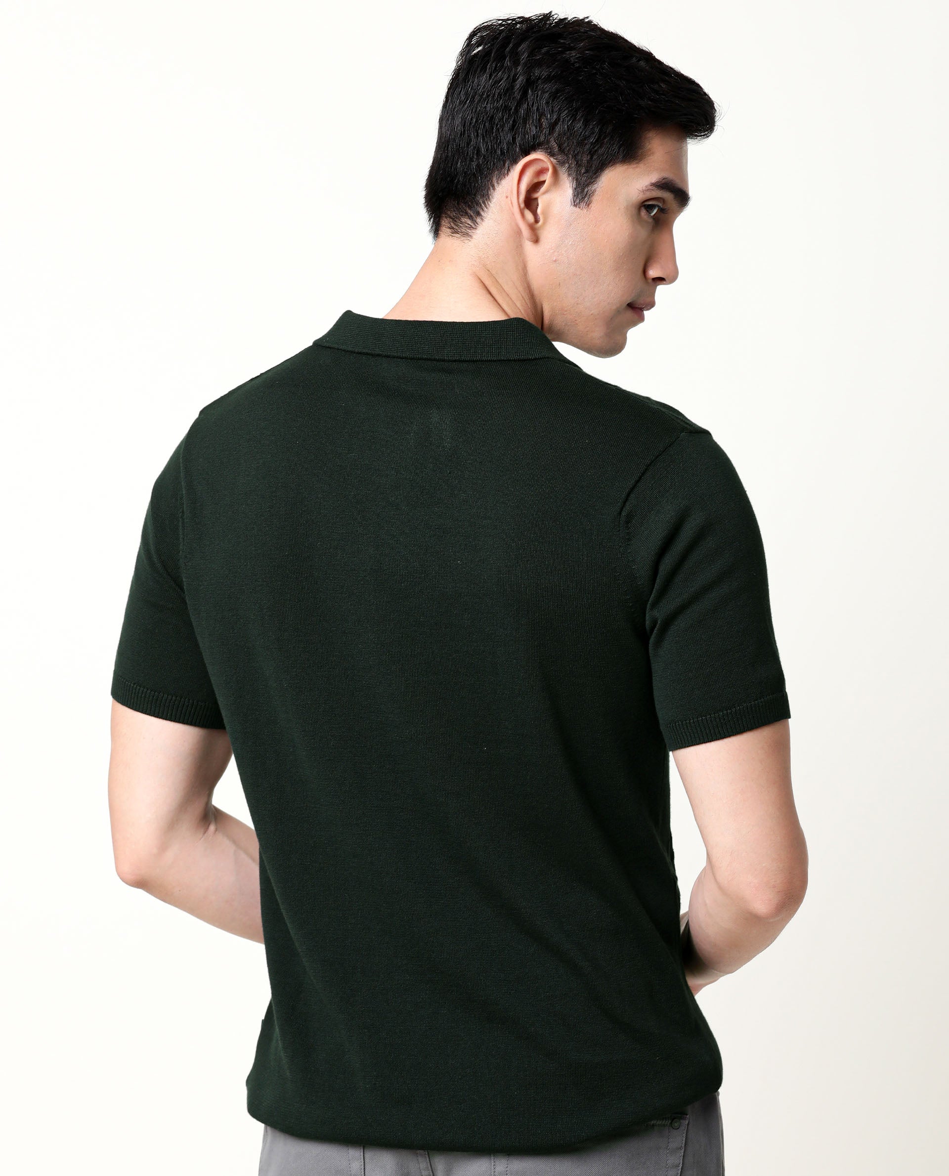 Rare Rabbit Men's Link Olive Cotton Fabric Collared Neck Flat Knit Half Sleeve Polo