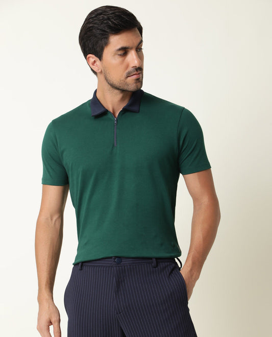Rare Rabbit Men's Cloud Dark Green Cotton Fabric Collared Neck Zipper Closure Half Sleeves Polo T-Shirt