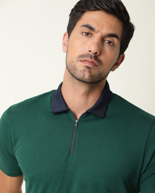 Rare Rabbit Men's Cloud Dark Green Cotton Fabric Collared Neck Zipper Closure Half Sleeves Polo T-Shirt