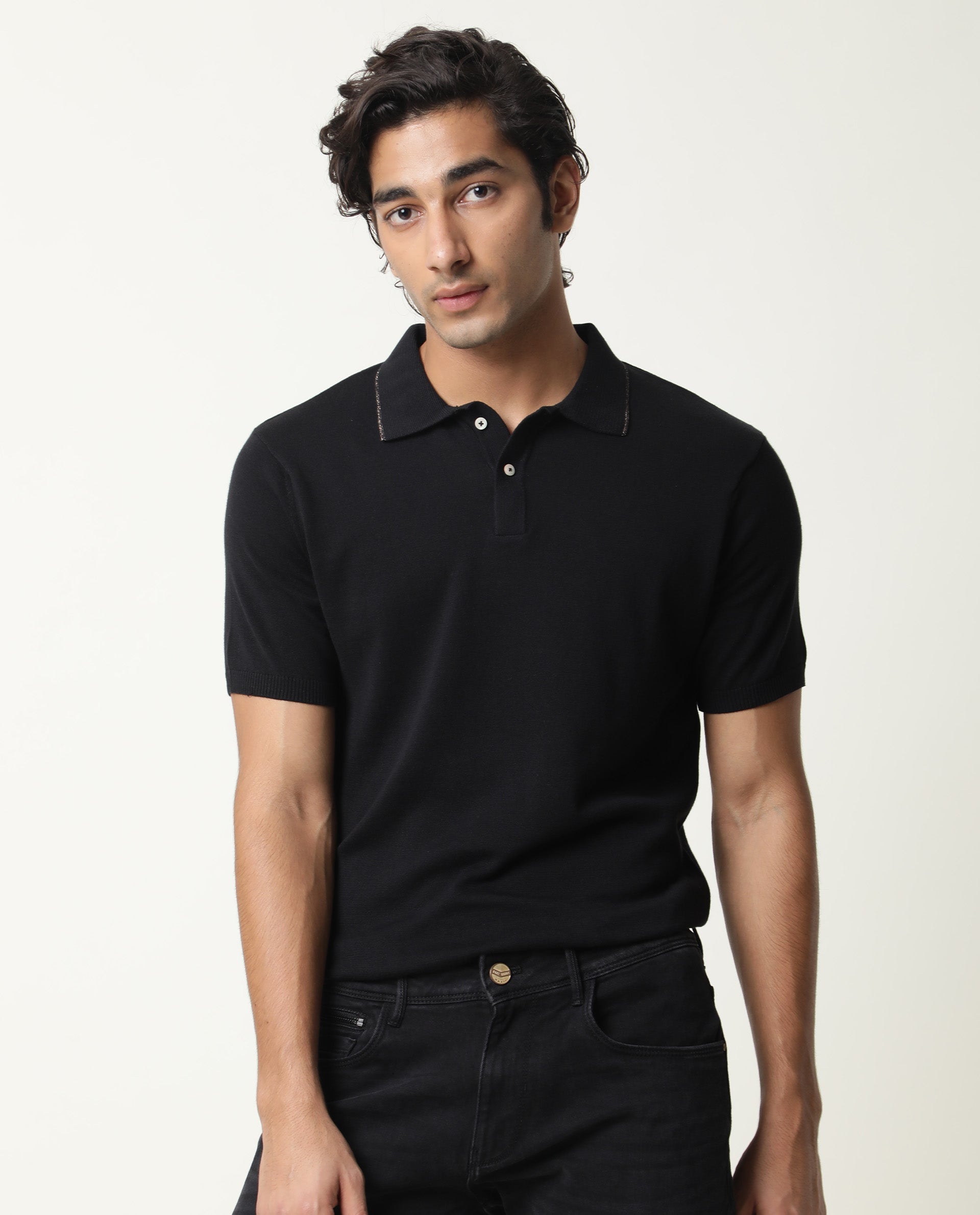 Rare Rabbit Men'S Kefa Black Polo Cotton Fabric Collared Neck Half Sleeves Button Closure Slim Fit