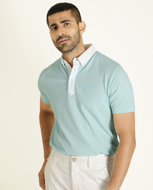 Rare Rabbit Men's Parma Turq Cotton Fabric Collared Neck Half Sleeves Button Closure Polo T-Shirt