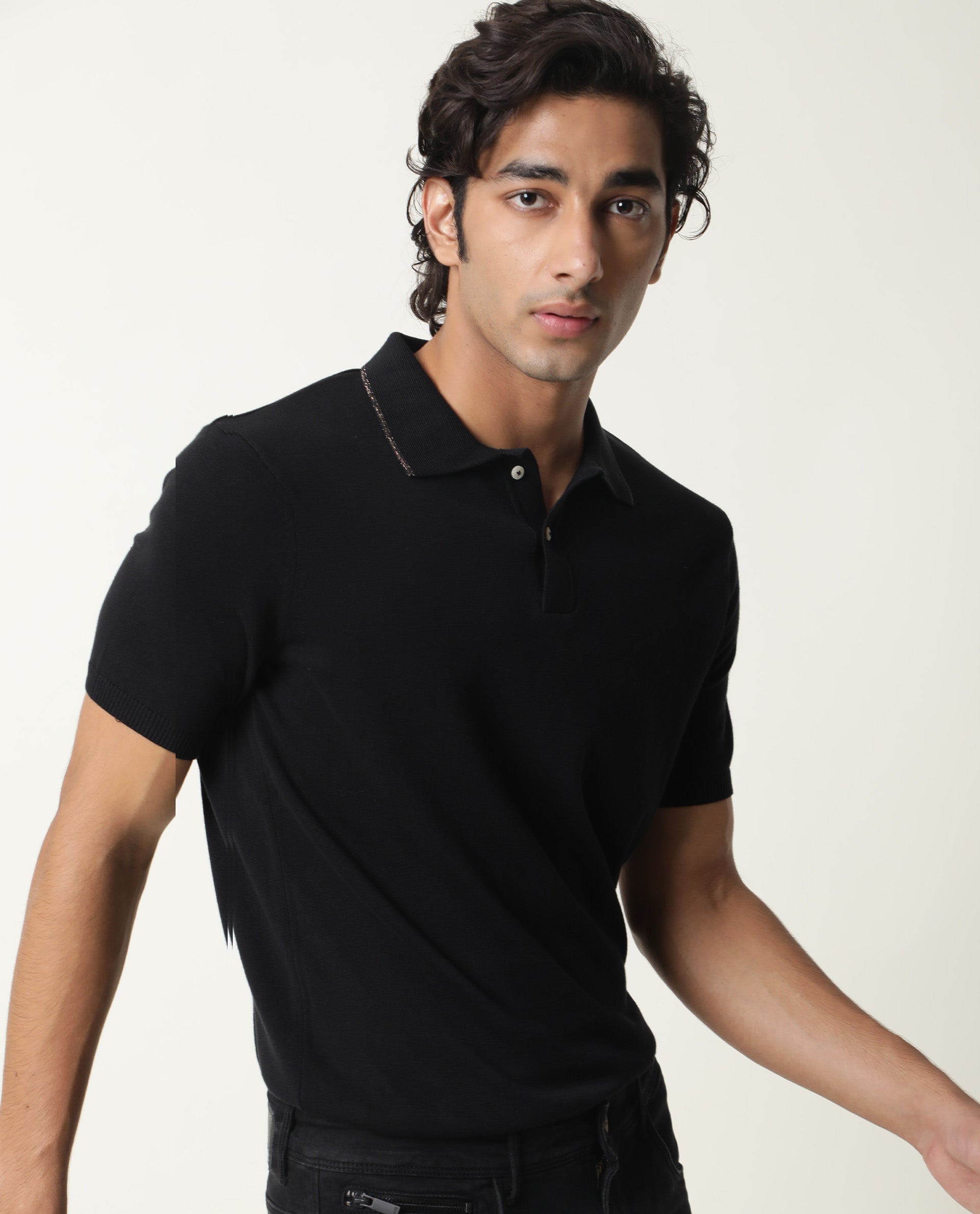 Rare Rabbit Men'S Kefa Black Polo Cotton Fabric Collared Neck Half Sleeves Button Closure Slim Fit