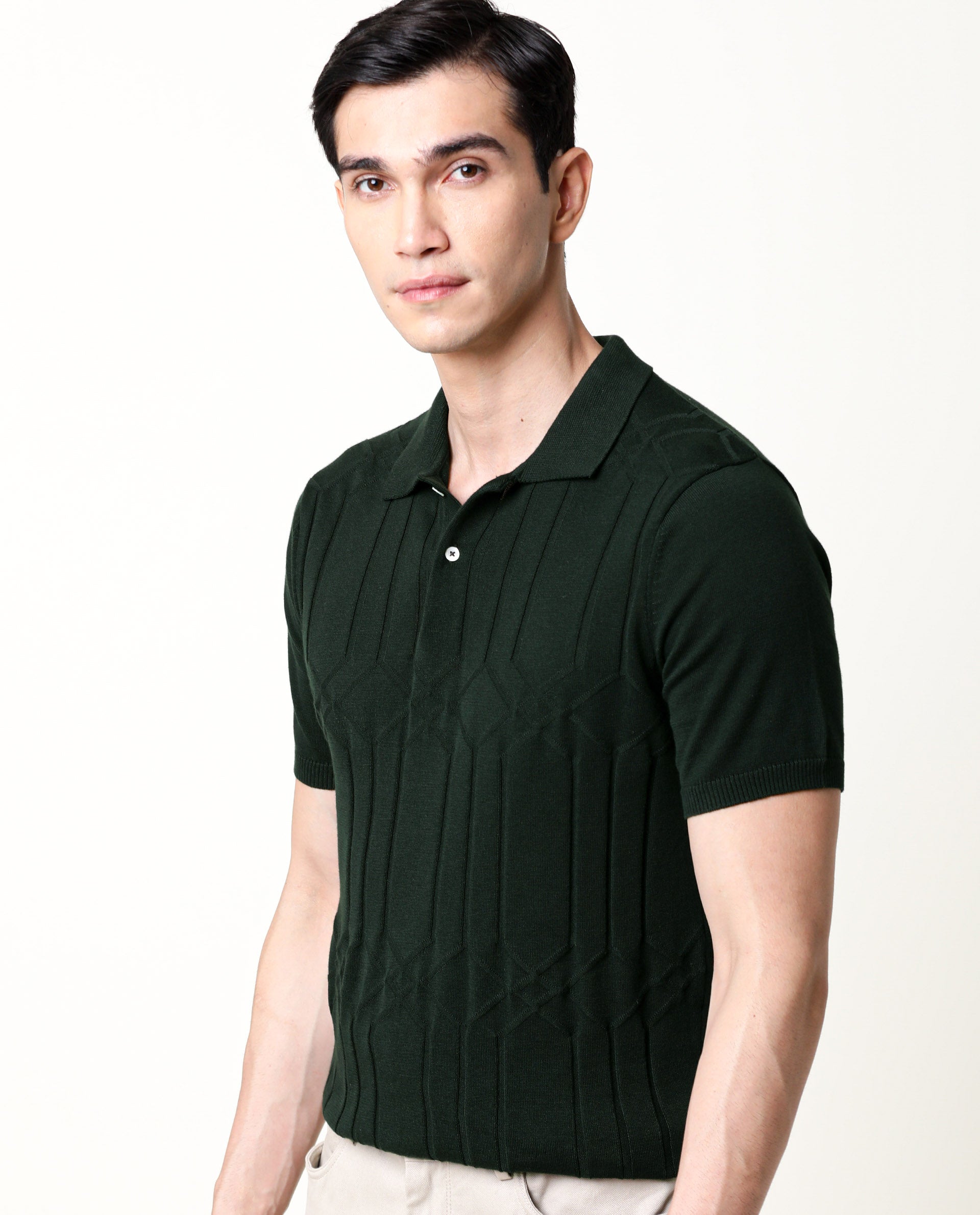 Rare Rabbit Men's Link Olive Cotton Fabric Collared Neck Flat Knit Half Sleeve Polo