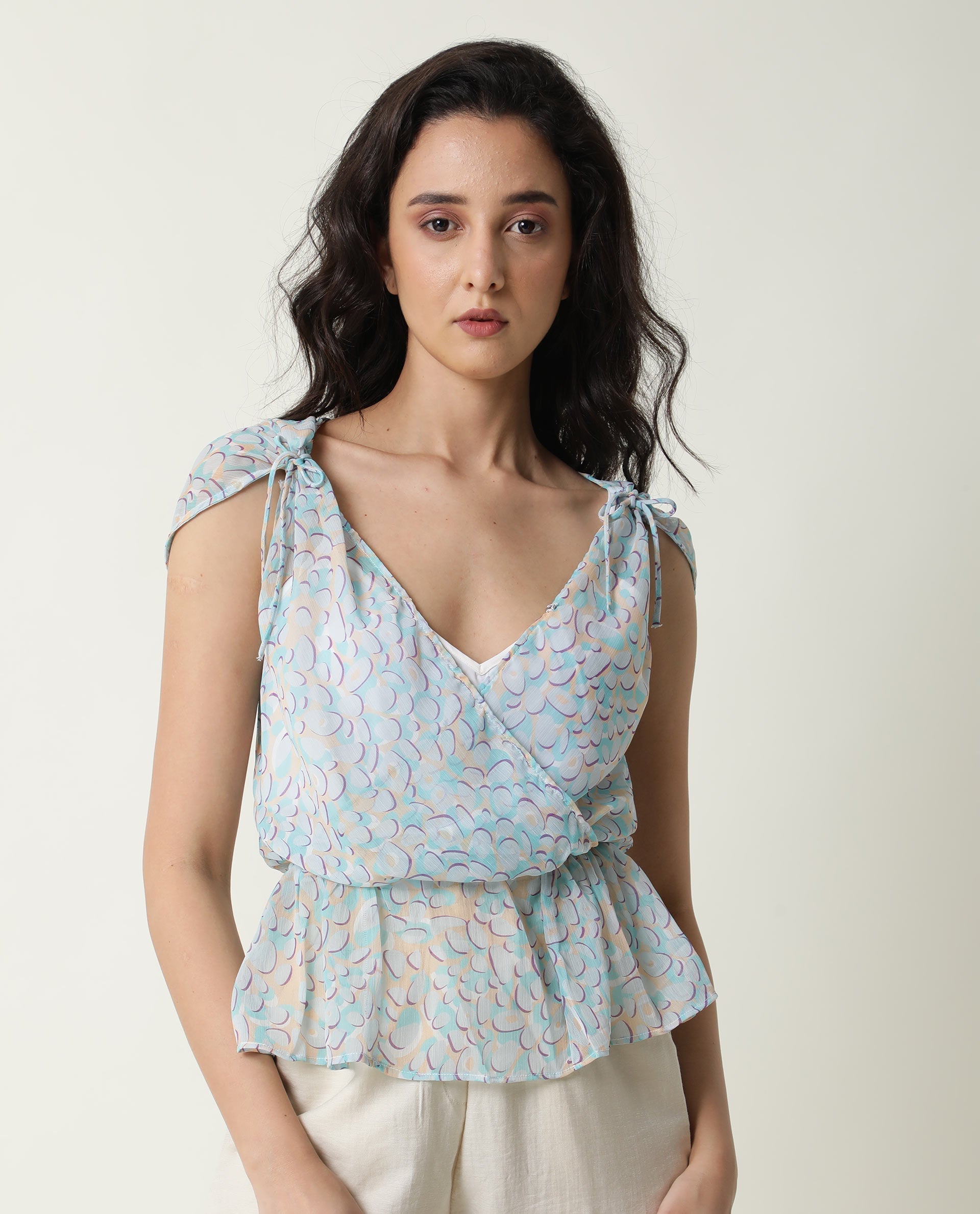 Rareism Women Loves Pastel Purple Viscose Fabric Regular Fit V-Neck Sleeveless Print Top