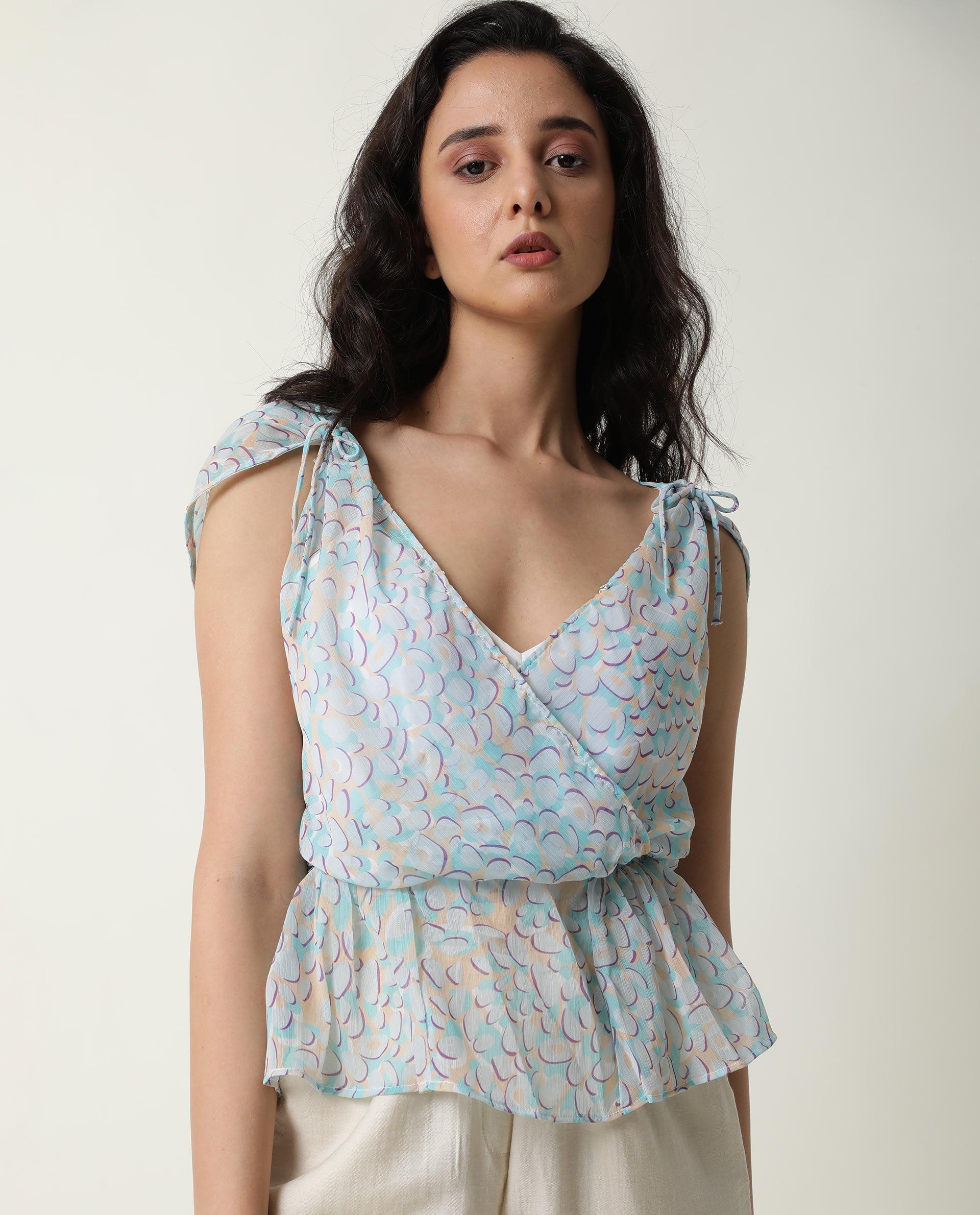 Rareism Women Loves Pastel Purple Viscose Fabric Regular Fit V-Neck Sleeveless Print Top