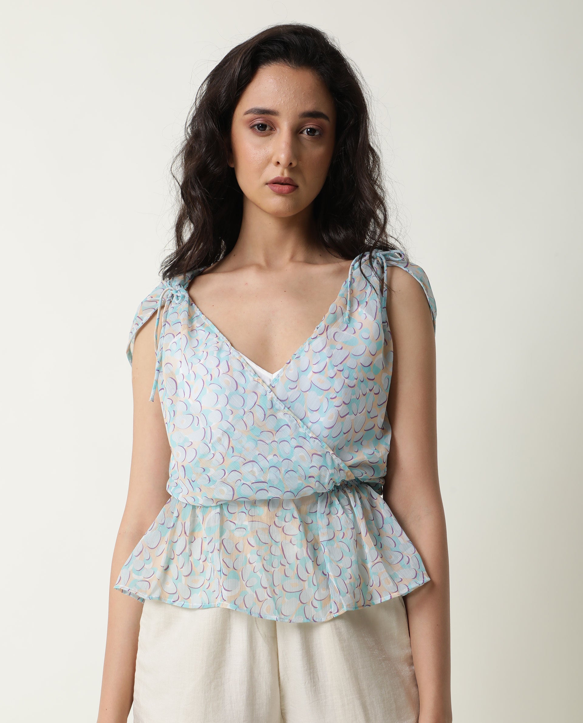 Rareism Women Loves Pastel Purple Viscose Fabric Regular Fit V-Neck Sleeveless Print Top