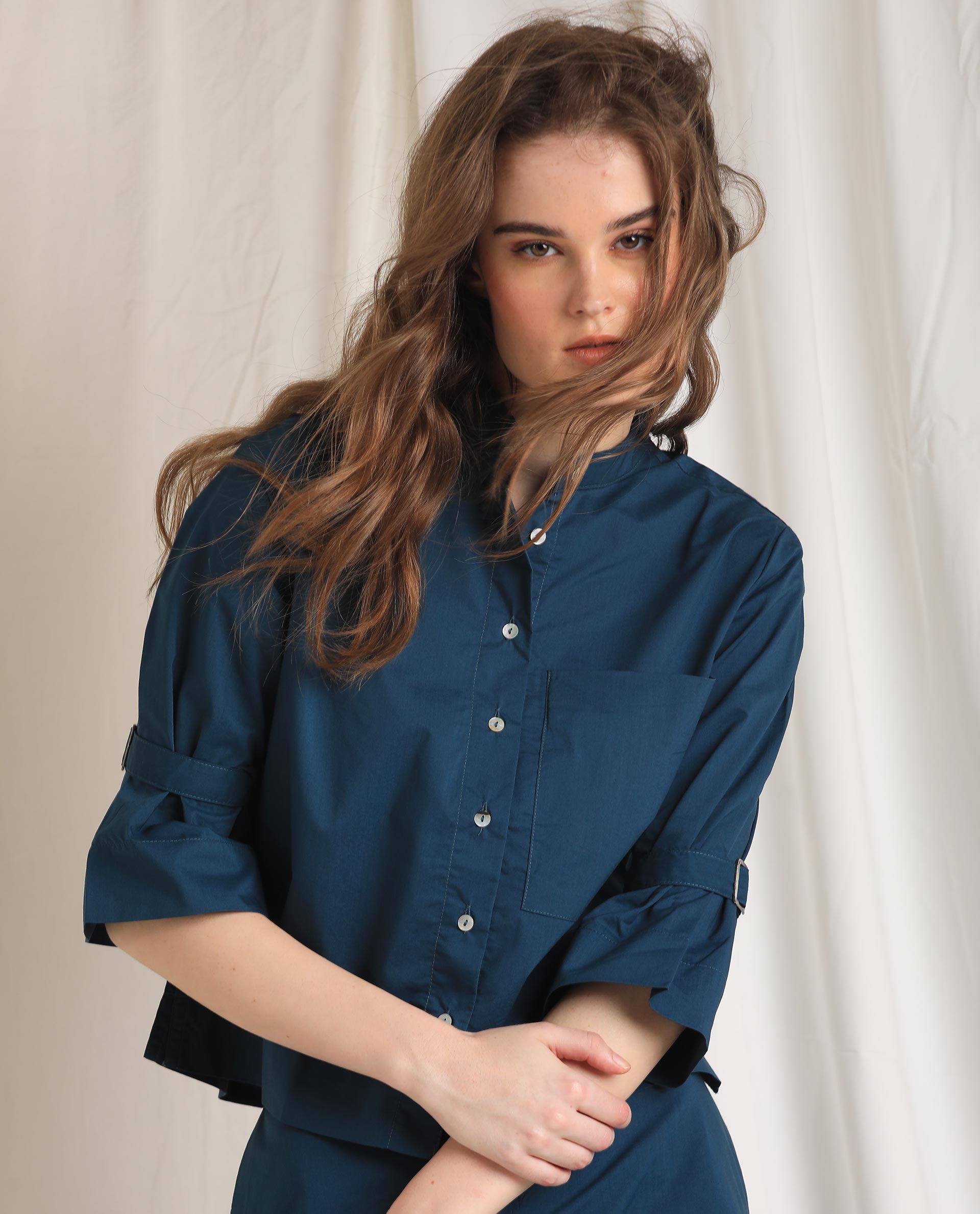 Rareism Womens Sendai Petrol Top Poly Lycra Fabric Regular Fit Half Sleeve Collared Neck