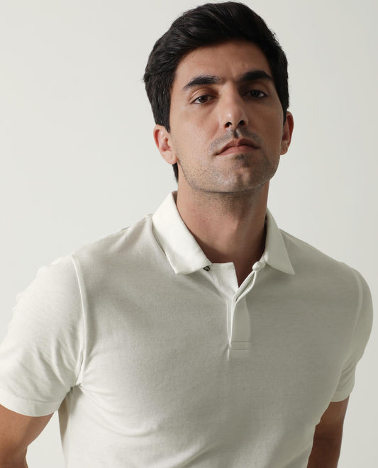 Rare Rabbit Men's Zeny White Cotton Fabric Collared Neck Loop Collar Button Closure Half Sleeve Polo T-Shirt