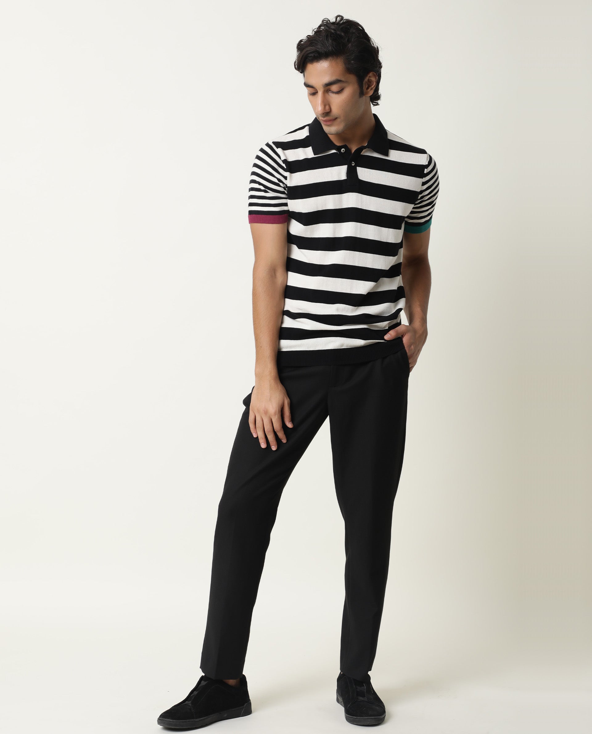 Rare Rabbit Men's Paulo Black Cotton Fabric Collared Neck Striped Polo T-Shirt