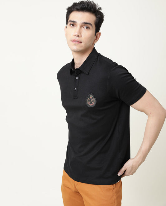 Rare Rabbit Men's Crown P Black Solid Cotton Fabric Collared Neck Chest Crown Badge Half Sleeve Polo T-Shirt