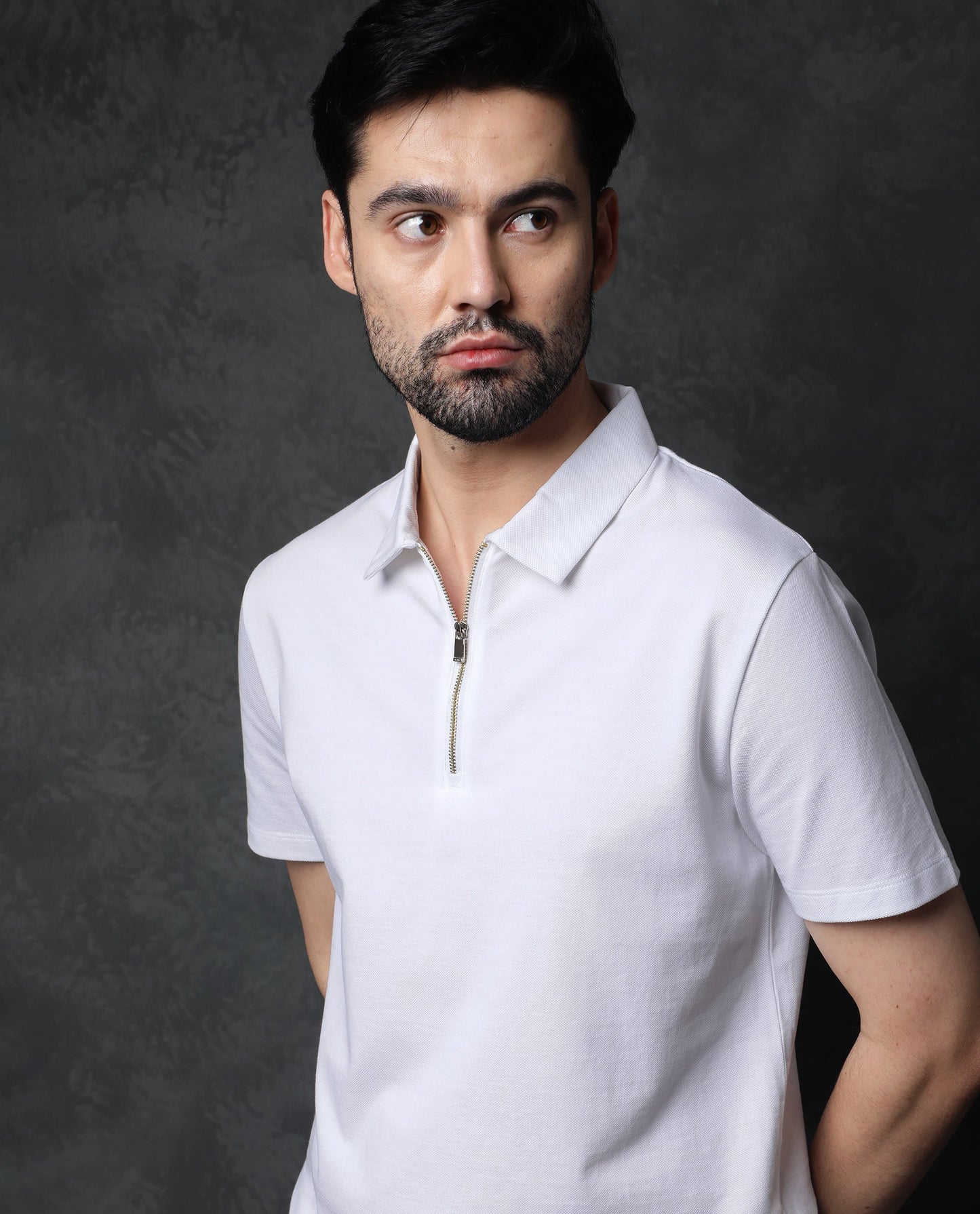 Rare Rabbit Men's Prin White Cotton Fabric Collared Neck Zipper Closure Half Sleeves Polo T-Shirt
