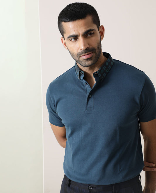 Rare Rabbit Men's Ringers Petrol Cotton Fabric Printed Collar Neck Half Sleeves Polo T-Shirt