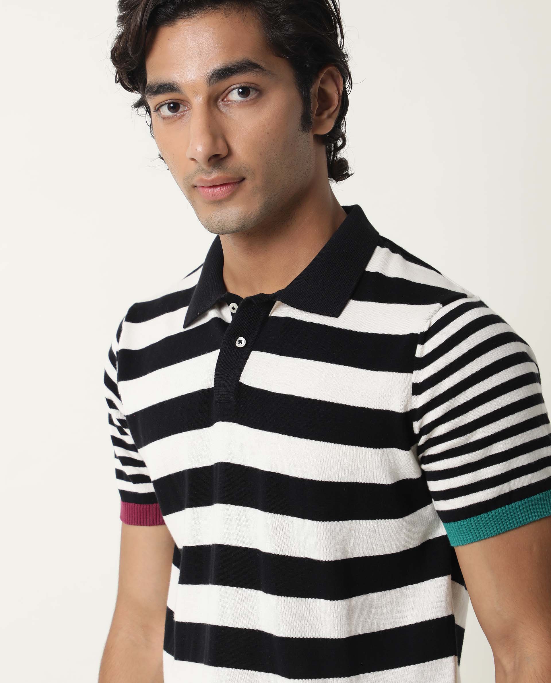 Rare Rabbit Men's Paulo Black Cotton Fabric Collared Neck Striped Polo T-Shirt