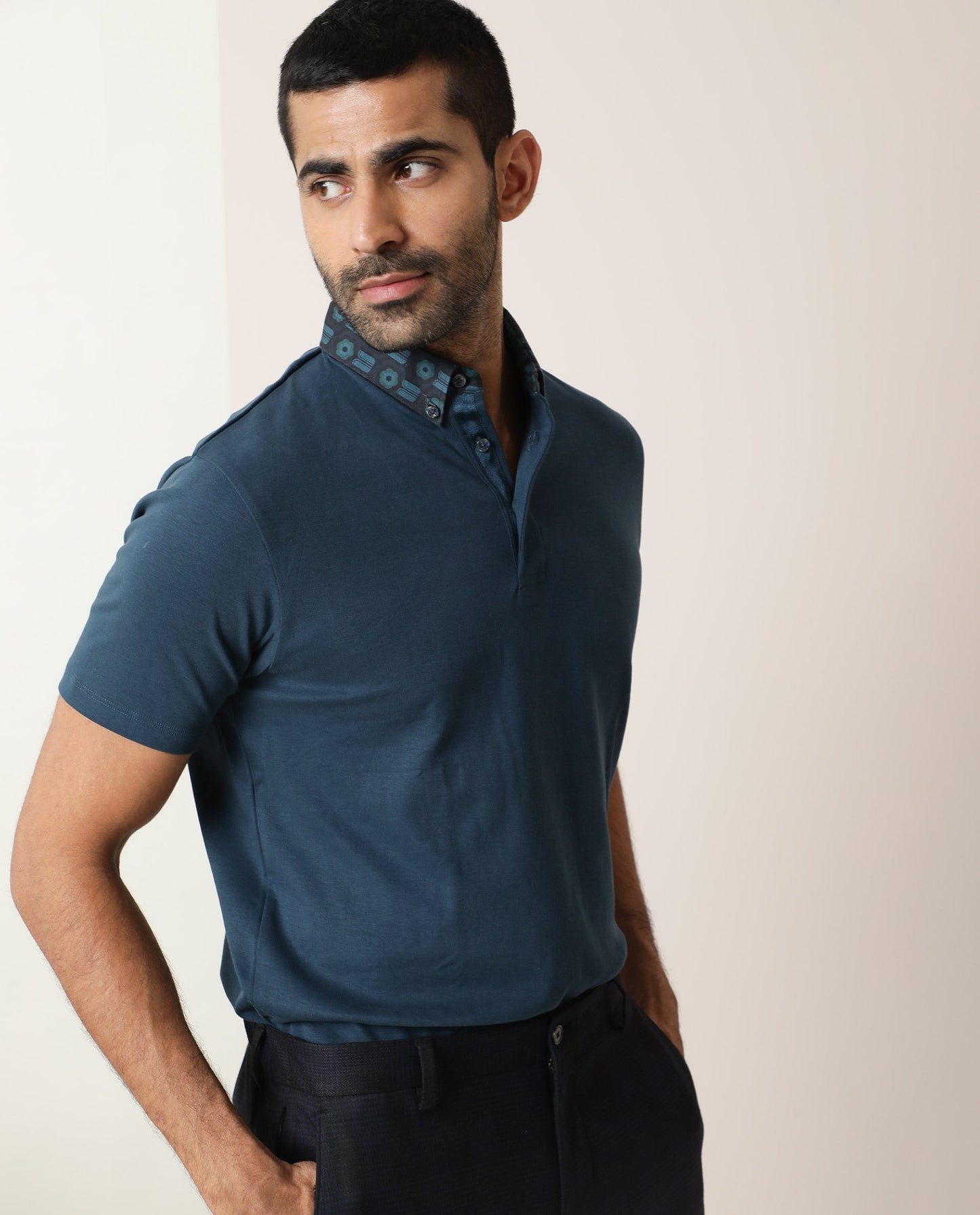 Rare Rabbit Men's Ringers Petrol Cotton Fabric Printed Collar Neck Half Sleeves Polo T-Shirt