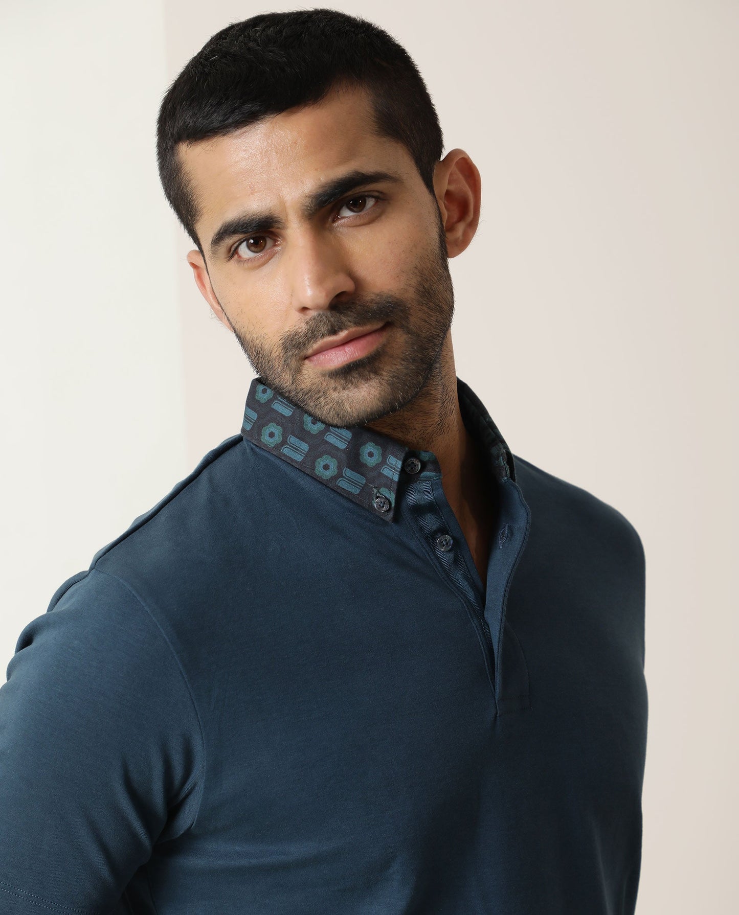 Rare Rabbit Men's Ringers Petrol Cotton Fabric Printed Collar Neck Half Sleeves Polo T-Shirt