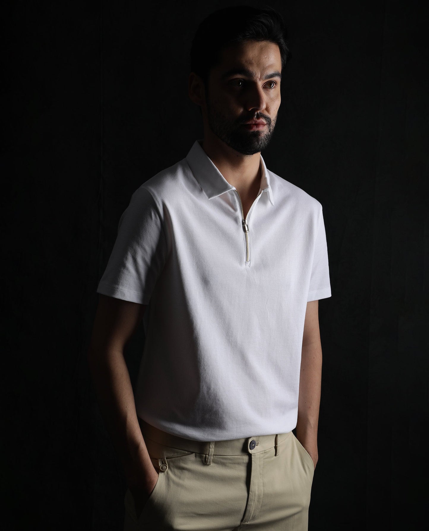 Rare Rabbit Men's Prin White Cotton Fabric Collared Neck Zipper Closure Half Sleeves Polo T-Shirt