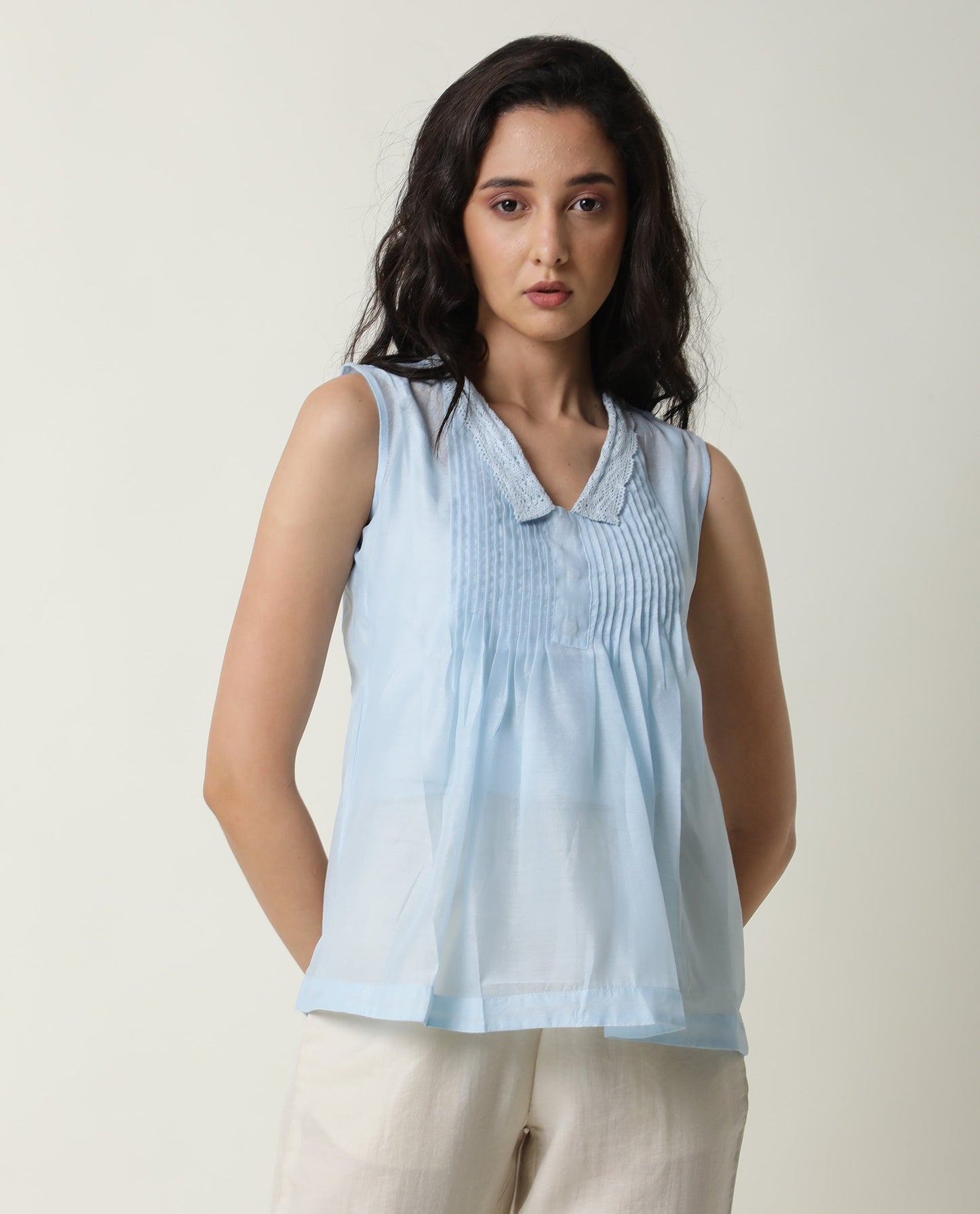 Rareism Women Leisure Blue Cotton Fabric Regular Fit V-Neck Sleeveless Solid Top