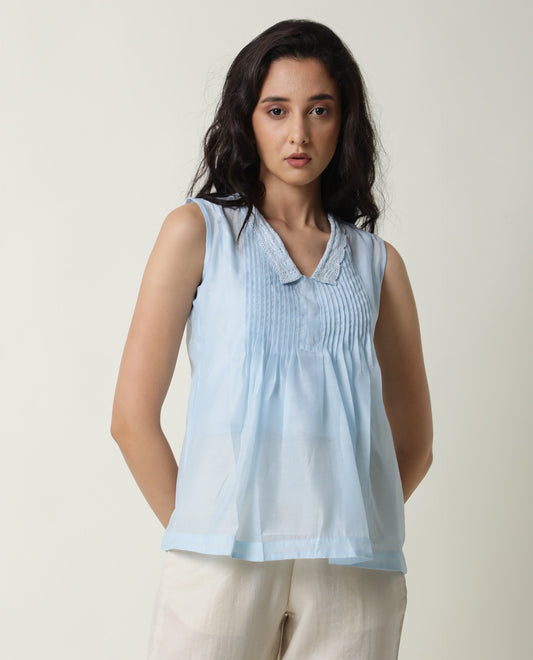 Rareism Women Leisure Blue Cotton Fabric Regular Fit V-Neck Sleeveless Solid Top
